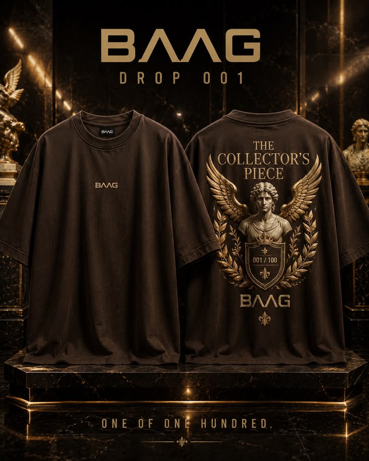 BAAG Drop 001 archive concept showing a black Collector's Piece oversized T-shirt with antique-gold artwork