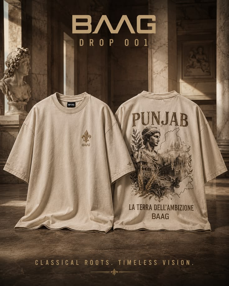 BAAG Drop 001 archive concept showing an ivory Punjab Heritage oversized T-shirt