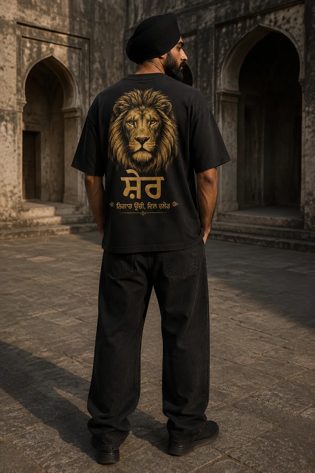 Sikh model wearing the black BAAG Sher oversized T-shirt with antique-gold lion artwork