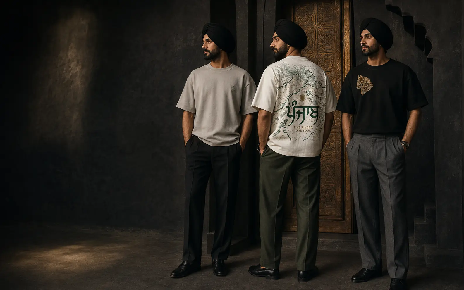 Three BAAG models wearing modern Punjabi T-shirts from Drop 002