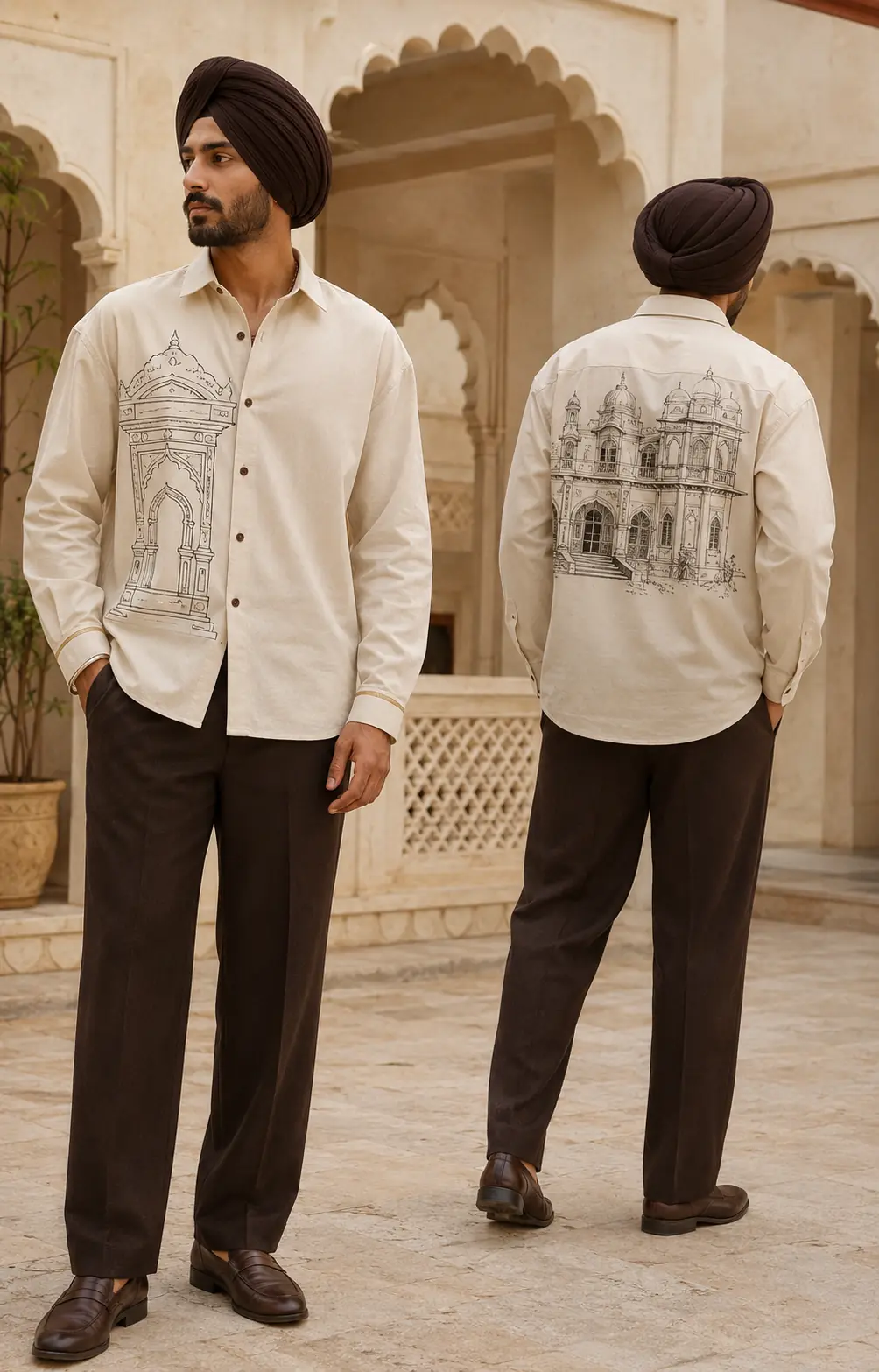 Sikh model wearing the BAAG Haveli Ivory Punjabi shirt with architectural embroidery