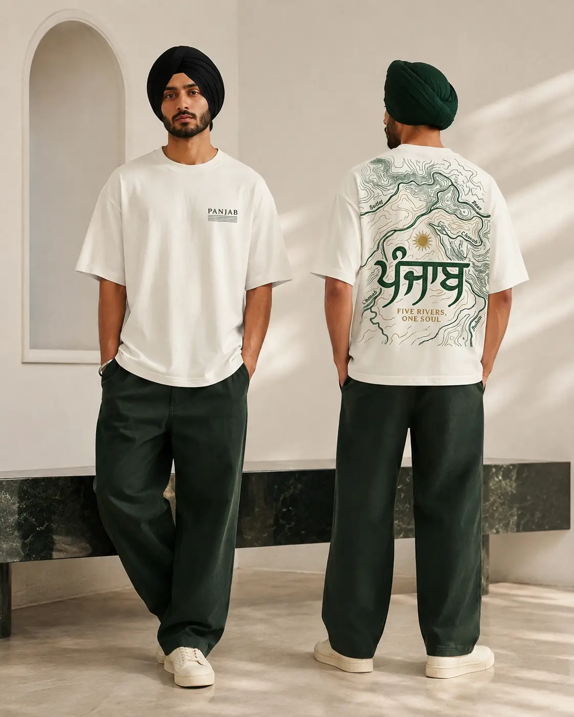 Sikh model wearing the BAAG Panjab Five Rivers ivory heavyweight graphic T-shirt