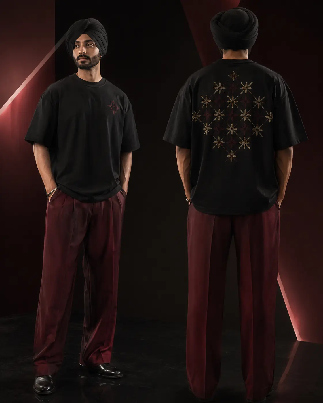 Sikh model wearing the BAAG Phulkari Grid black Punjabi T-shirt