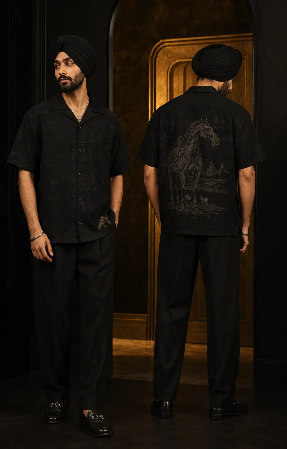 Sikh model wearing the BAAG Riyasat jet-black jacquard cotton camp shirt