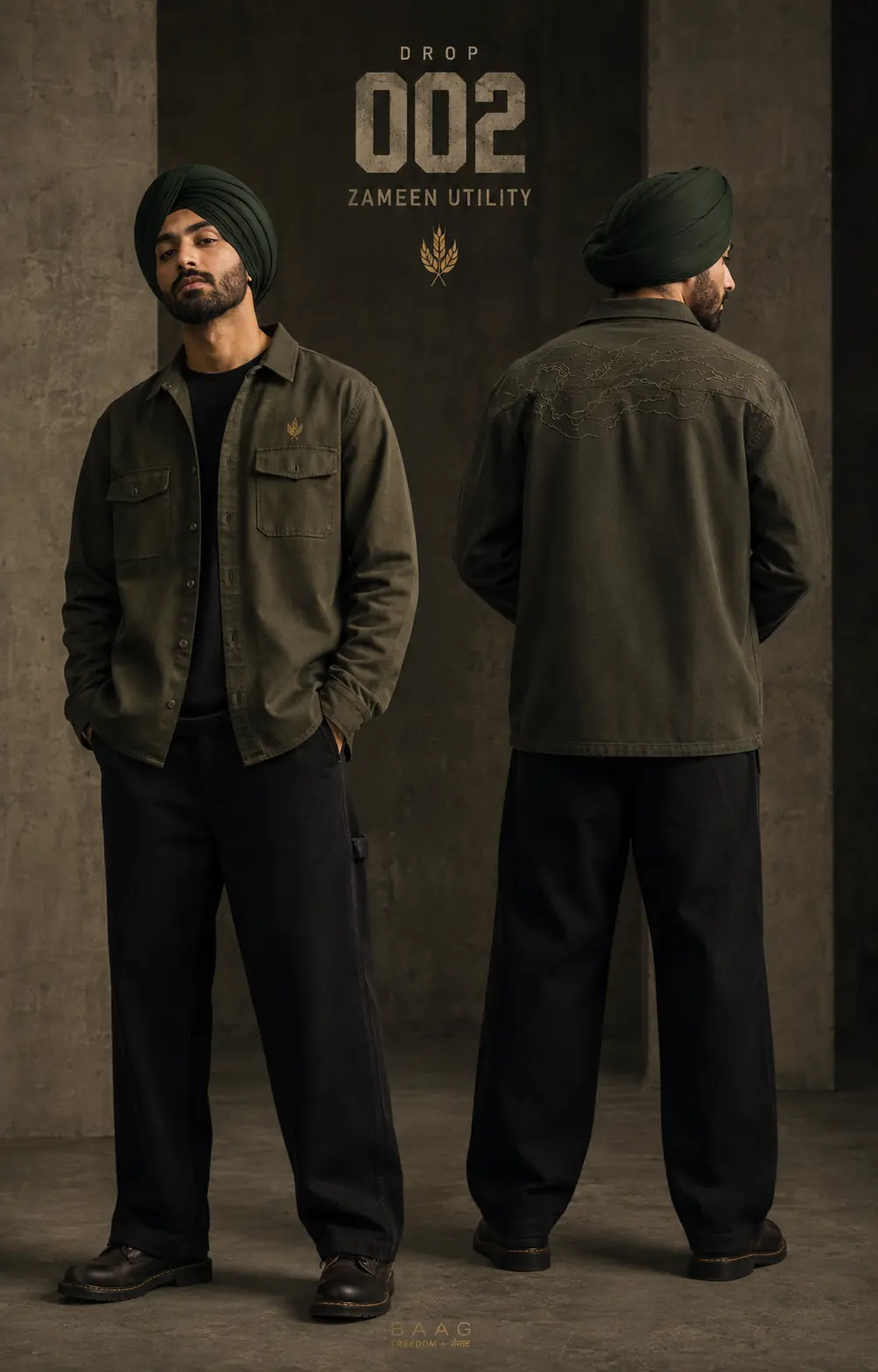 Sikh model wearing the limited BAAG Zameen forest-olive utility overshirt